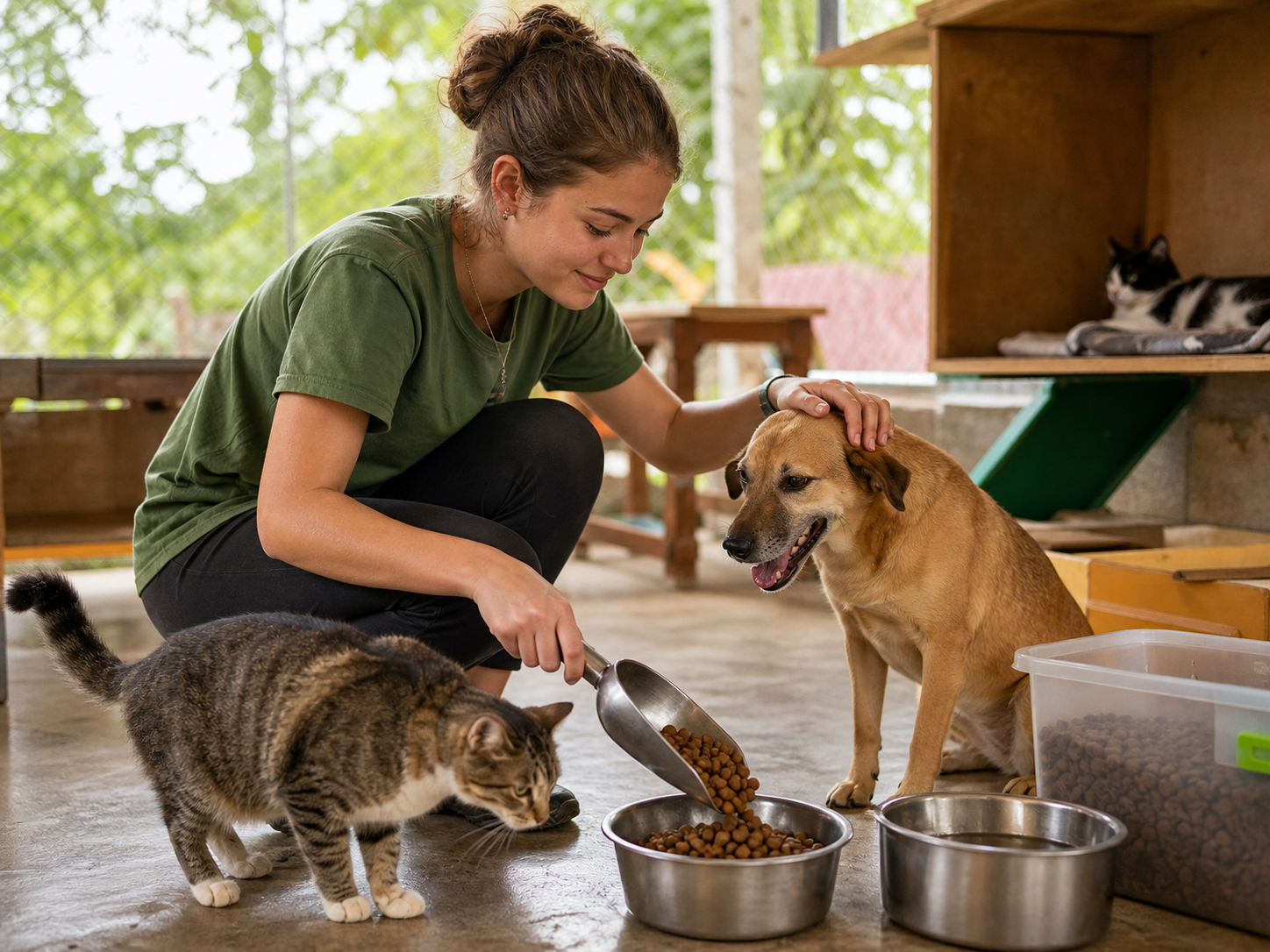 Freiwillige betreut gerettete Hunde und Katzen
